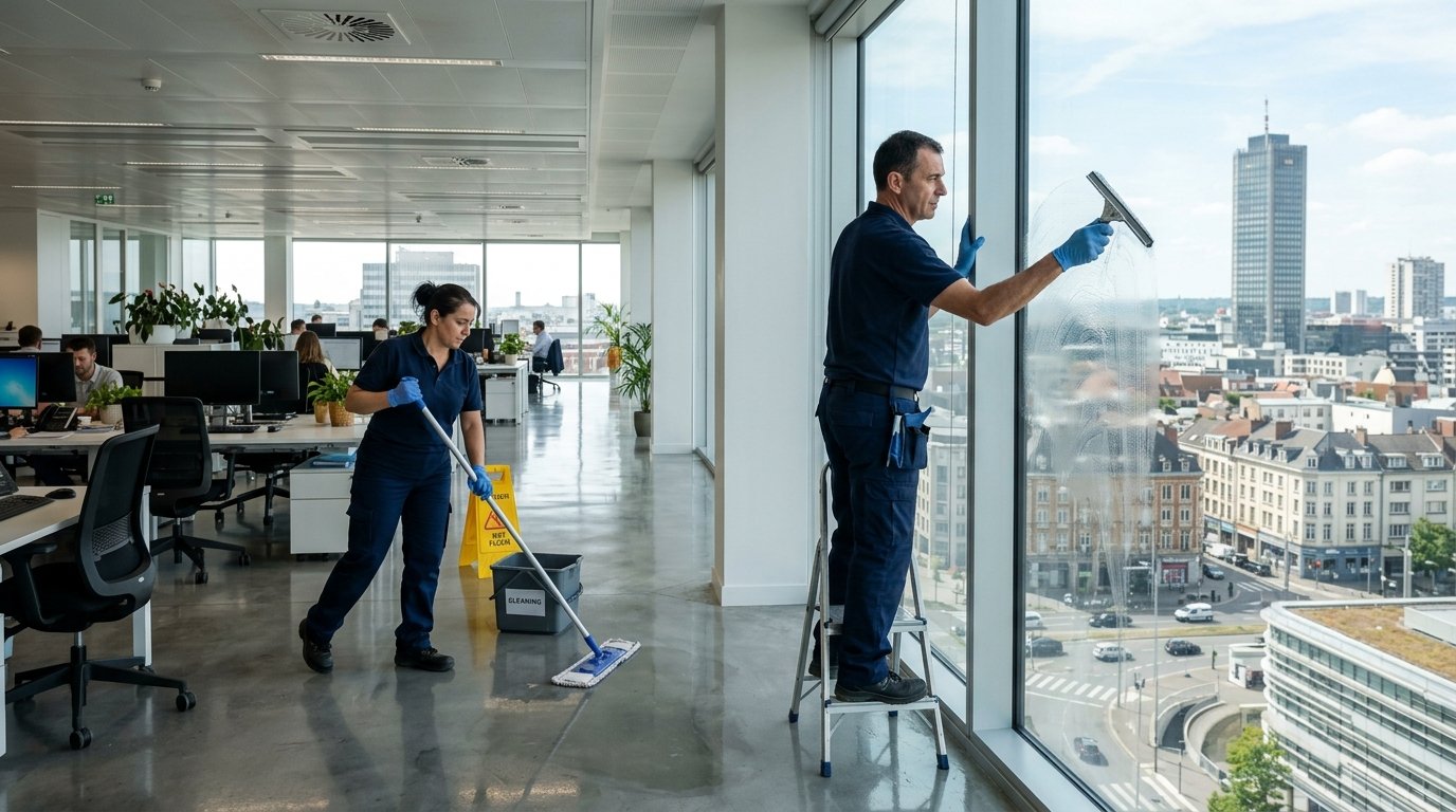 Nettoyage professionnel de bureaux à Lille avec vue sur la ville